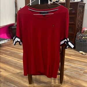 Tommy Hilfiger Red Top with Black and White Sleeve Accents